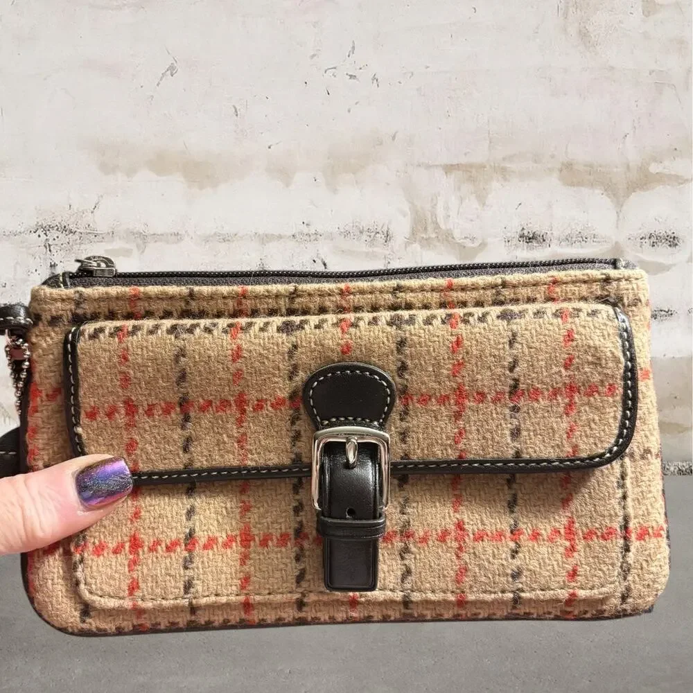 COACH Hampton Wool Plaid Satchel with Brown Leather Trim & Wristlet